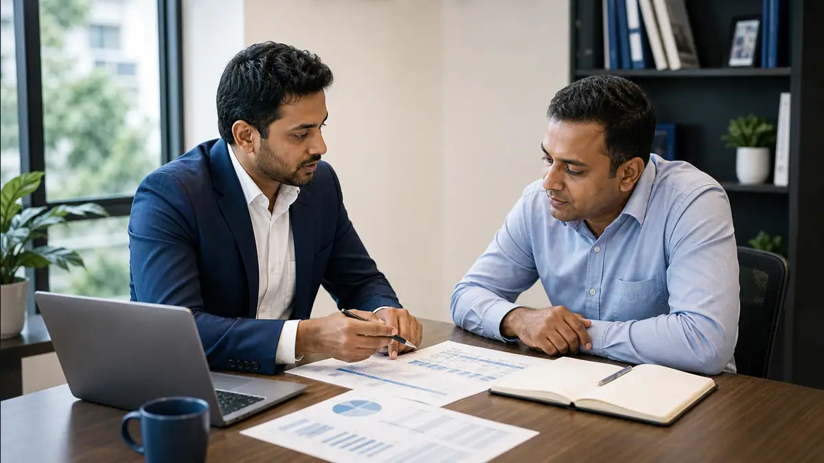 Consultant helping a business owner review financial plans
