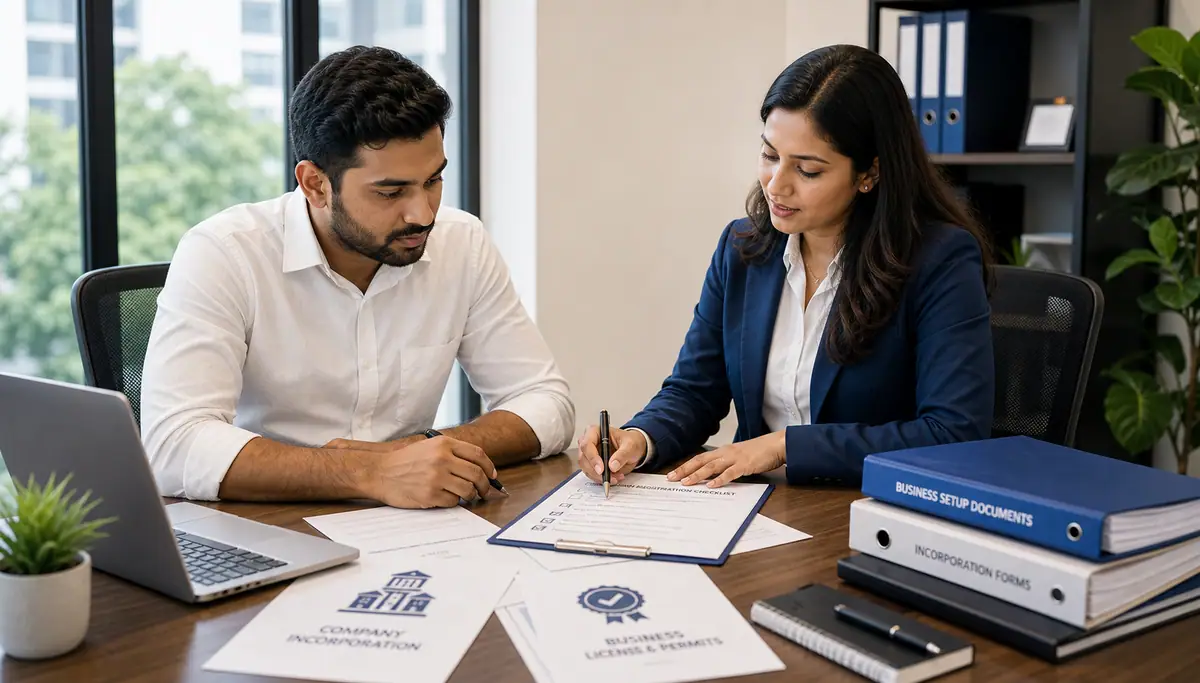 Founder reviewing business registration documents with a consultant