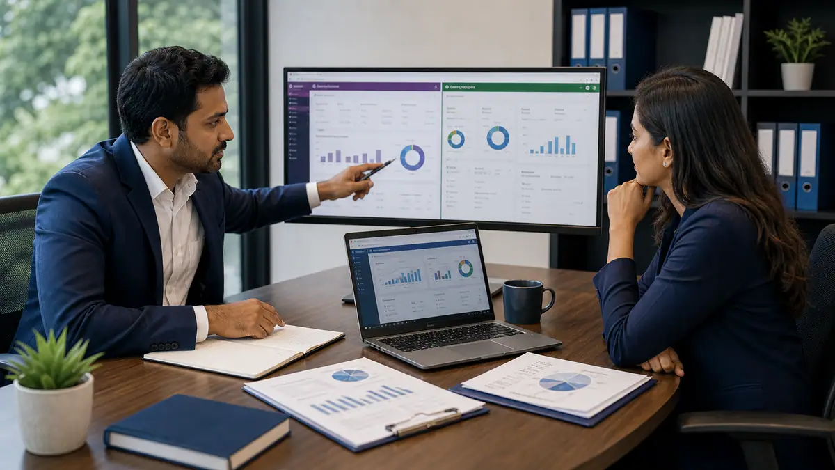 Finance consultant comparing accounting software options with a client