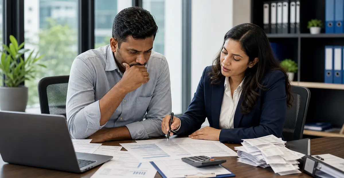 Financial consultant reviewing tax documents with a business owner