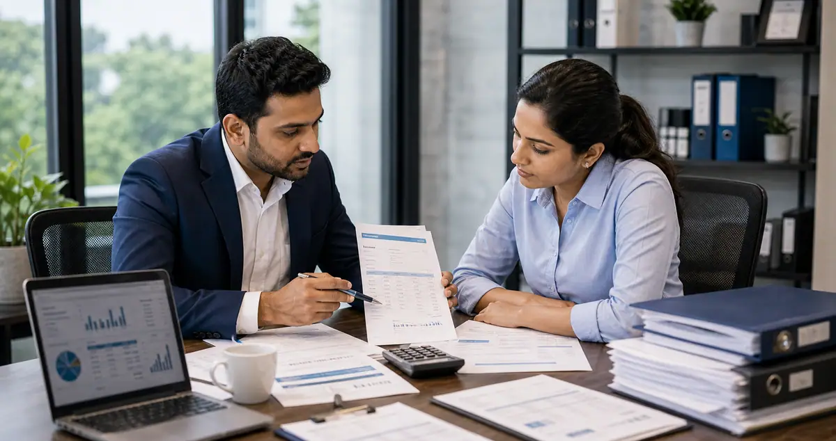 Tax consultant guiding a business owner through VAT paperwork
