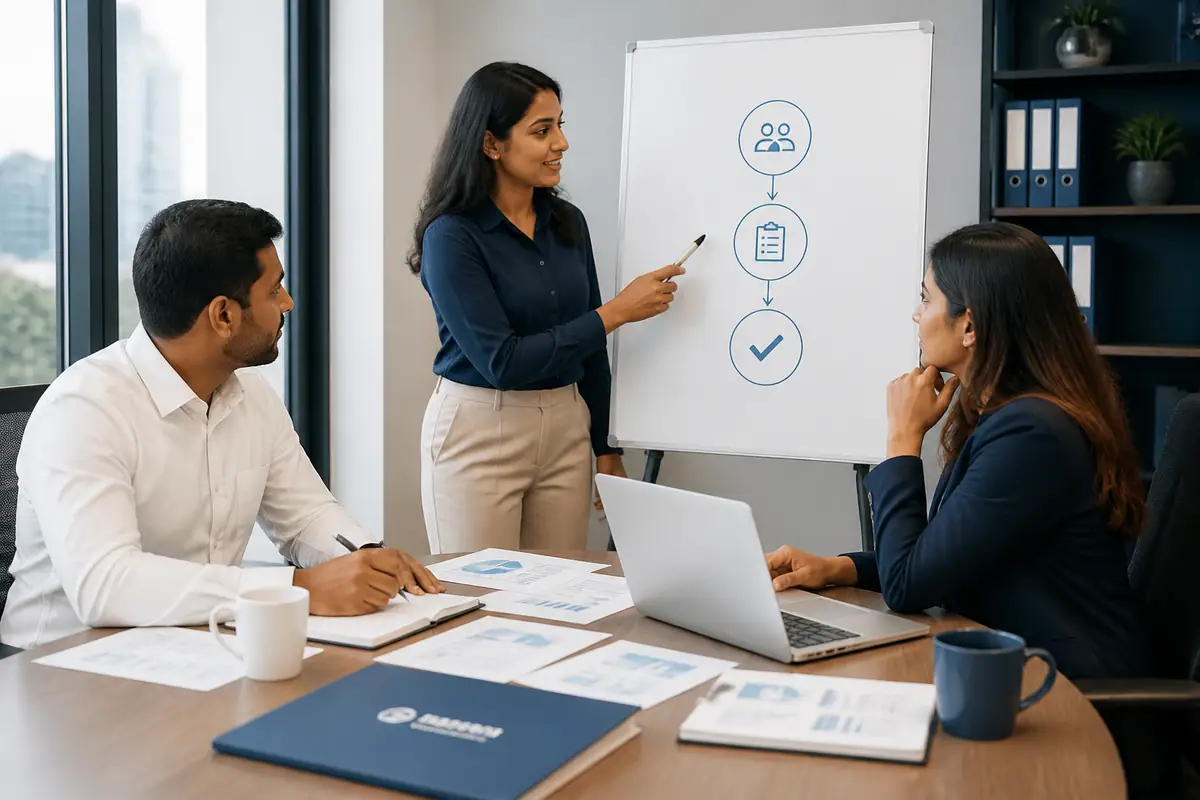 Consulting team guiding a client through onboarding steps
