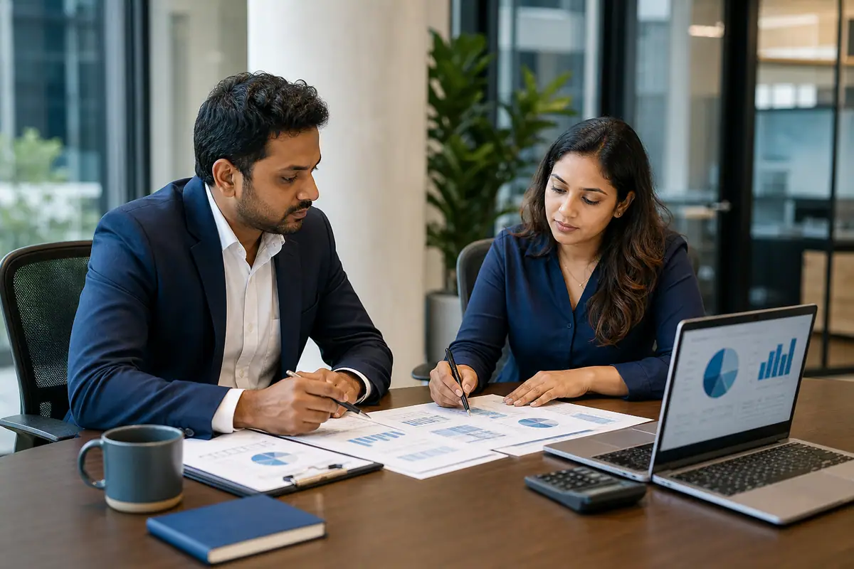 Financial consultant reviewing reports with a business owner